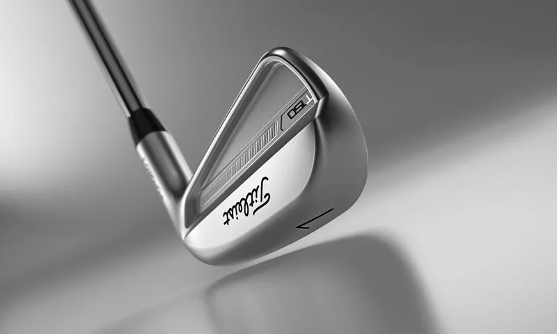 View of the Titleist T150 silver, tour-inspired iron showcasing its sleek design and precision. 