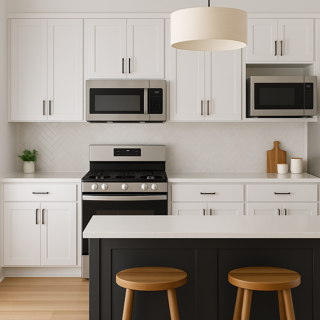 Modern kitchen remodeling in Long Island with white shaker cabinets, quartz countertops, and tile backsplash.