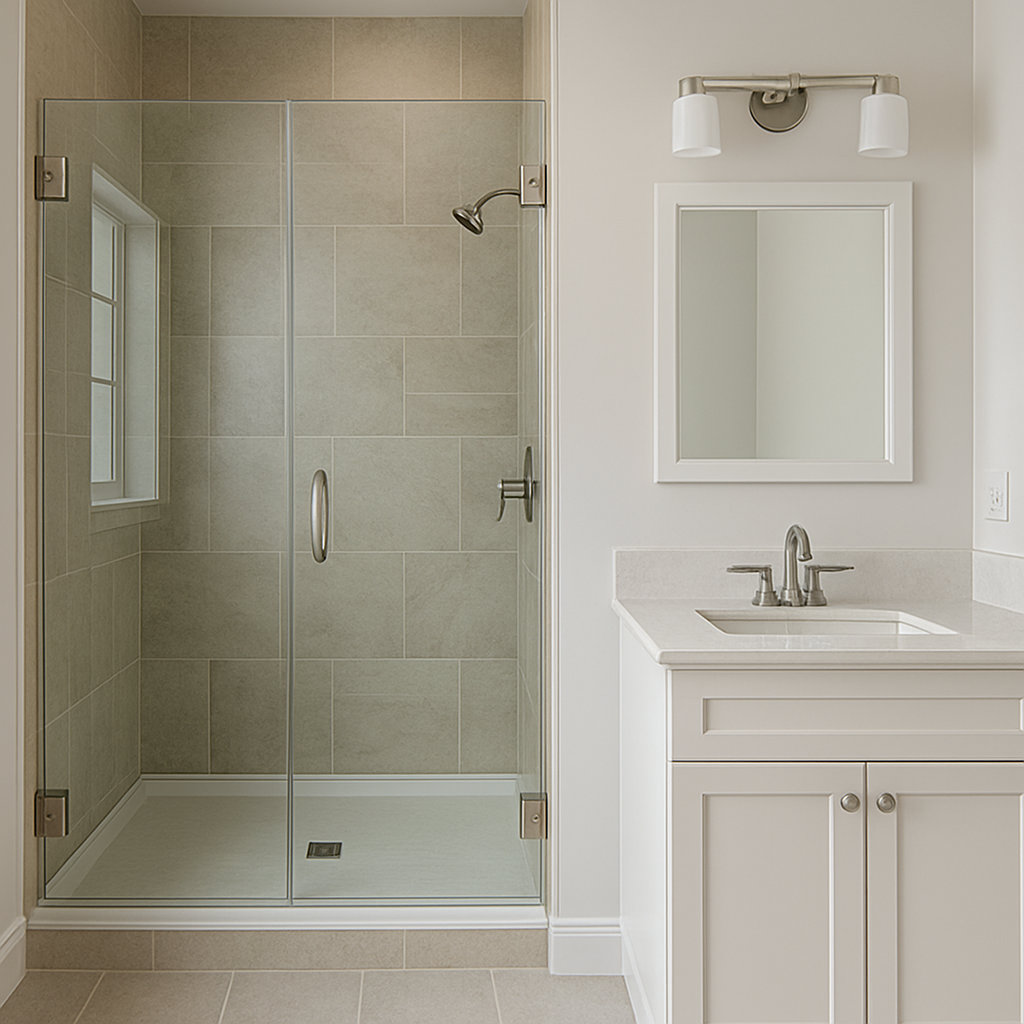 Long Island bathroom renovation with glass shower enclosure, double vanity, and marble finishes.
