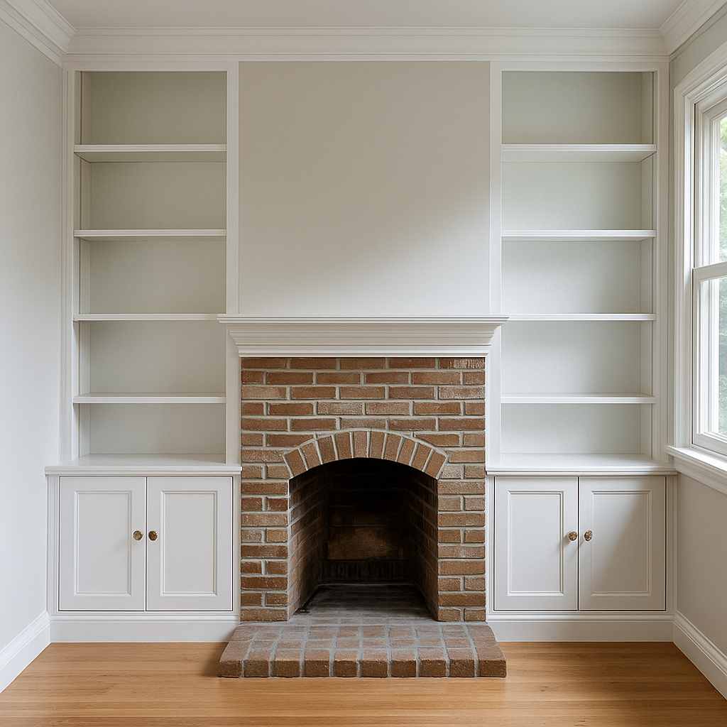Custom carpentry project in Long Island with built-in shelving and detailed wood trim.