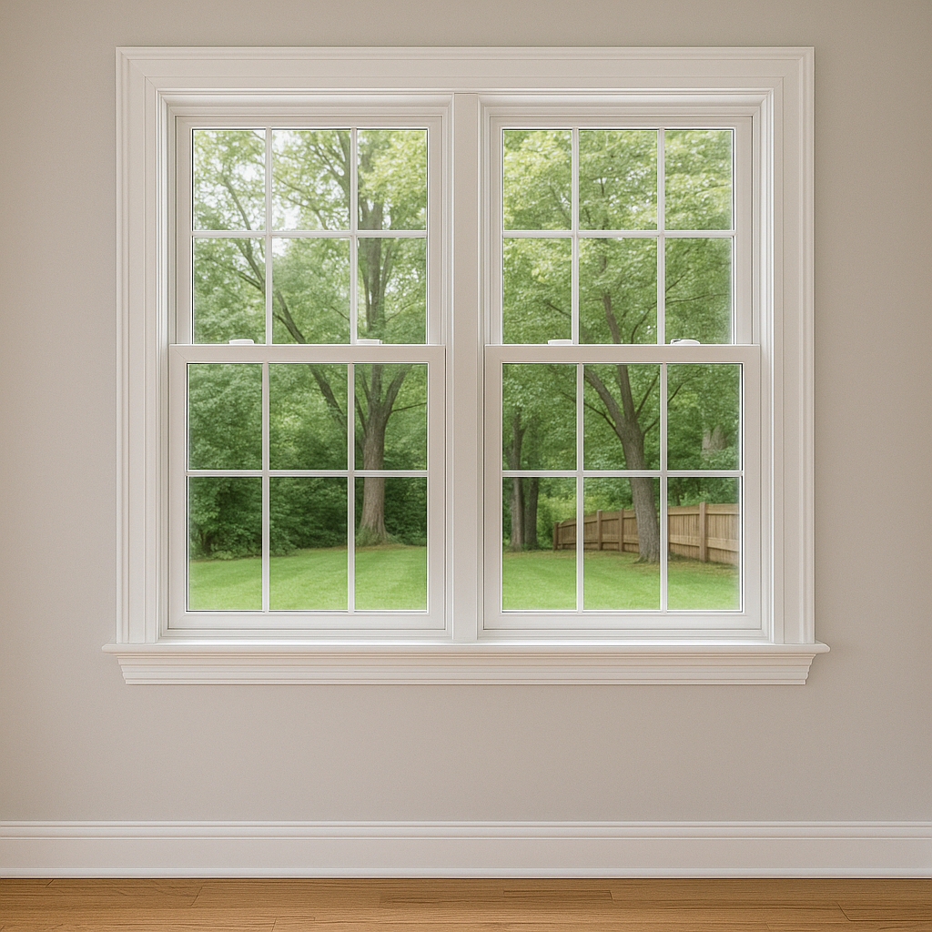 Energy-efficient window installation in Long Island with white-framed double-hung windows.