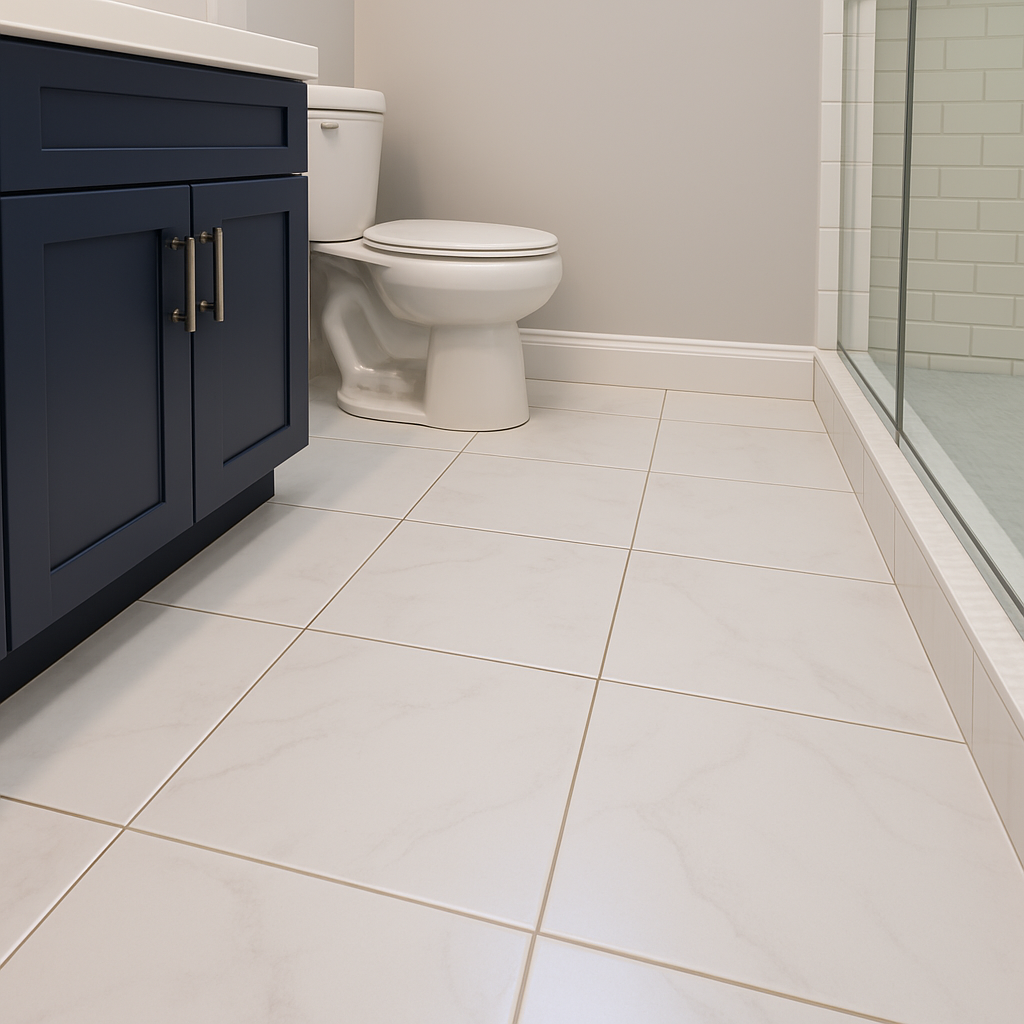 Finished tile installation in Long Island bathroom with ceramic floor tiles and subway wall tiles.