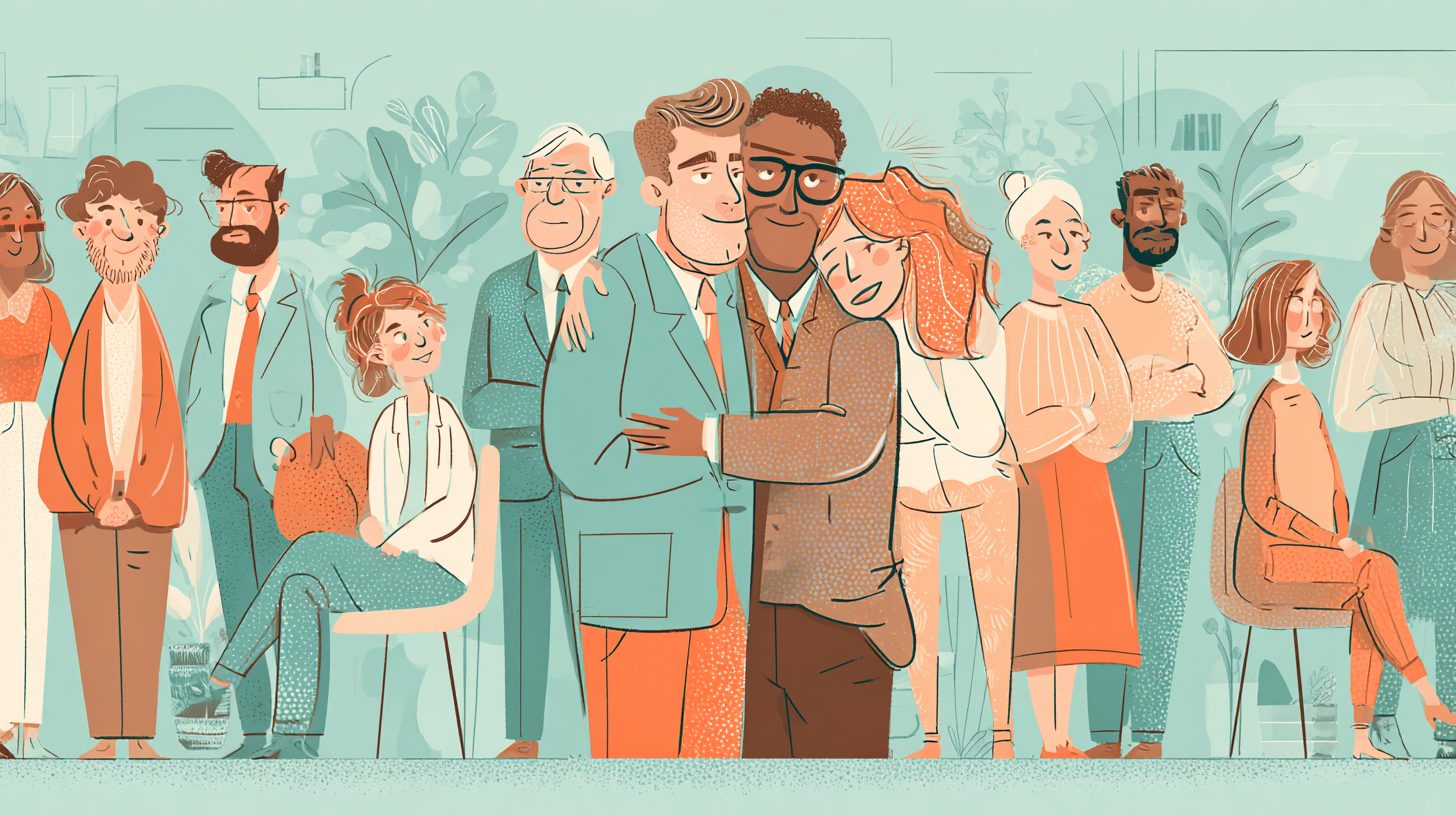 employees hugging and happy