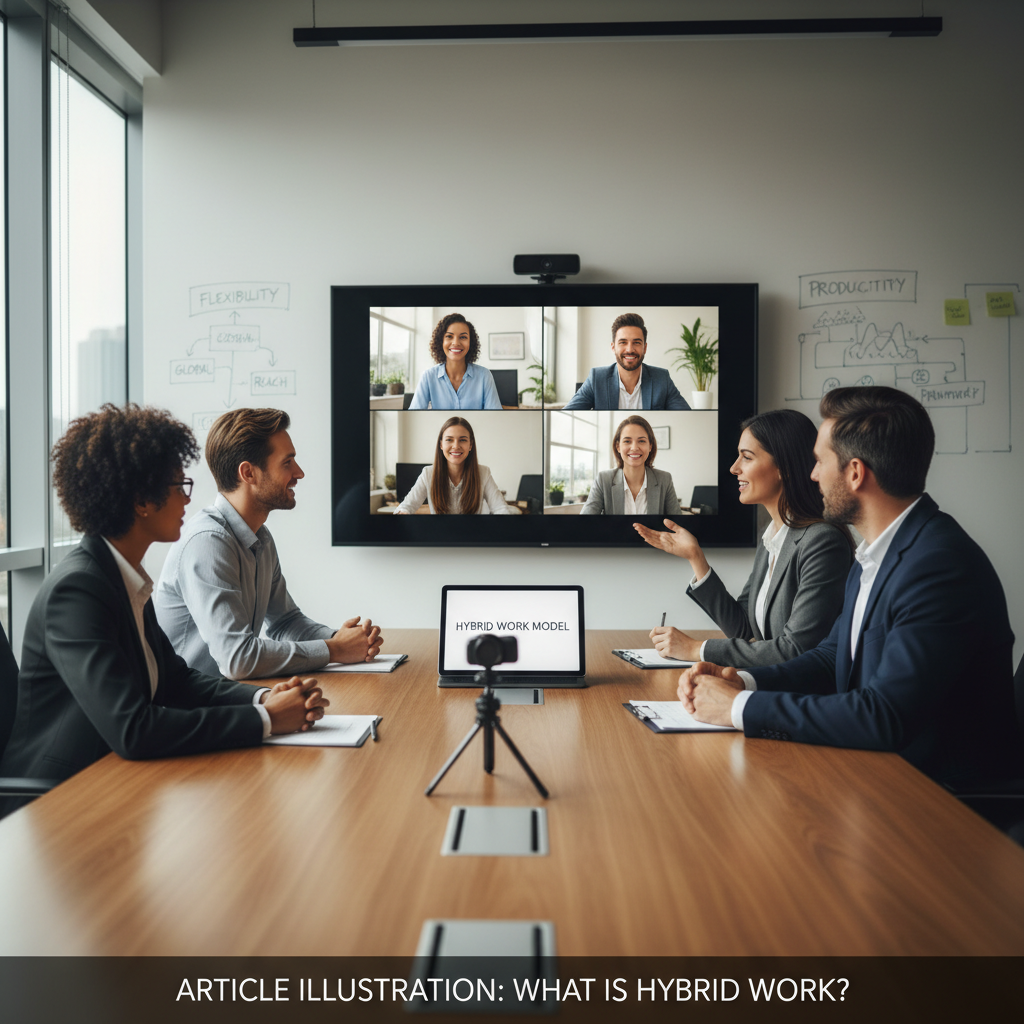 What is hybrid work best practices showing team collaboration between in-person and remote employees