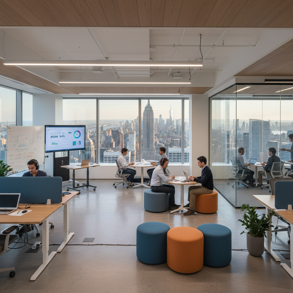 Flexible office space in New York showing modern hybrid workspace design with technology integration