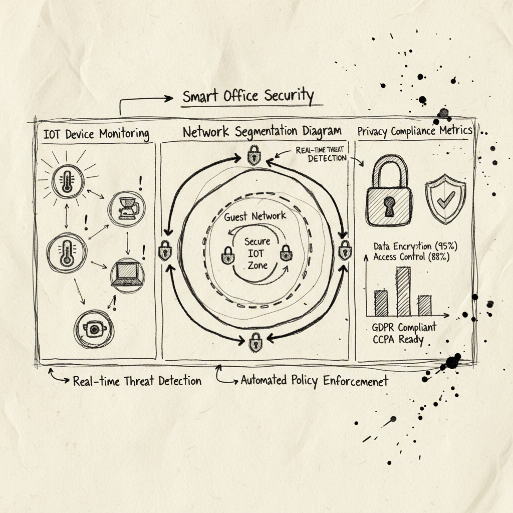 Smart office technology security monitoring dashboard with IoT device management and privacy controls