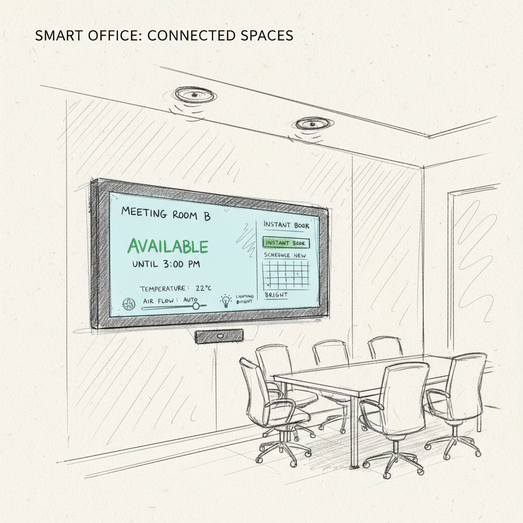 Smart office technology meeting room automation with digital booking display and environmental sensors
