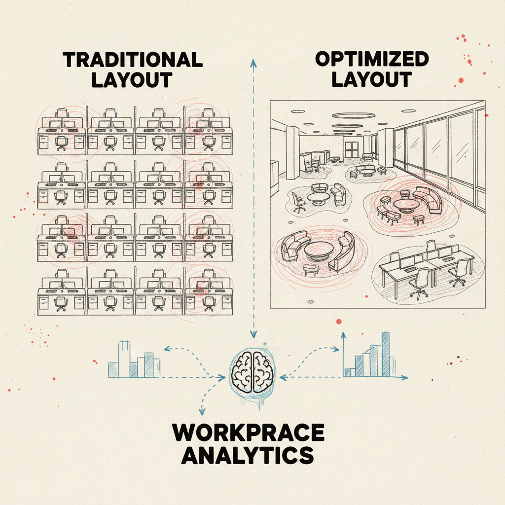 workplace analytics optimization showing before and after office layouts with usage heat maps