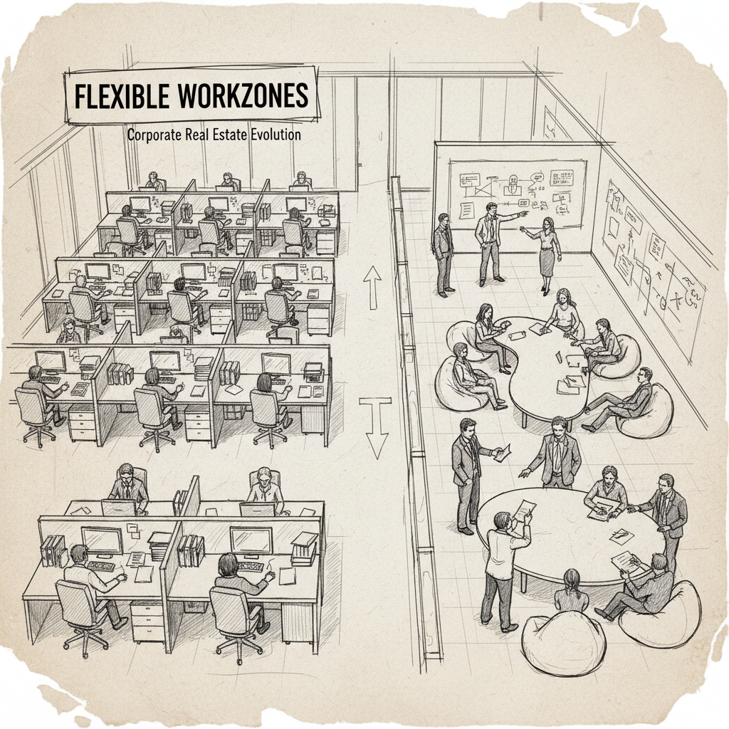 corporate real estate management flexible workspace design with hybrid work zones