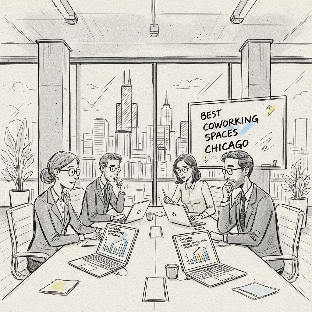 Best coworking spaces Chicago pricing comparison meeting with business team