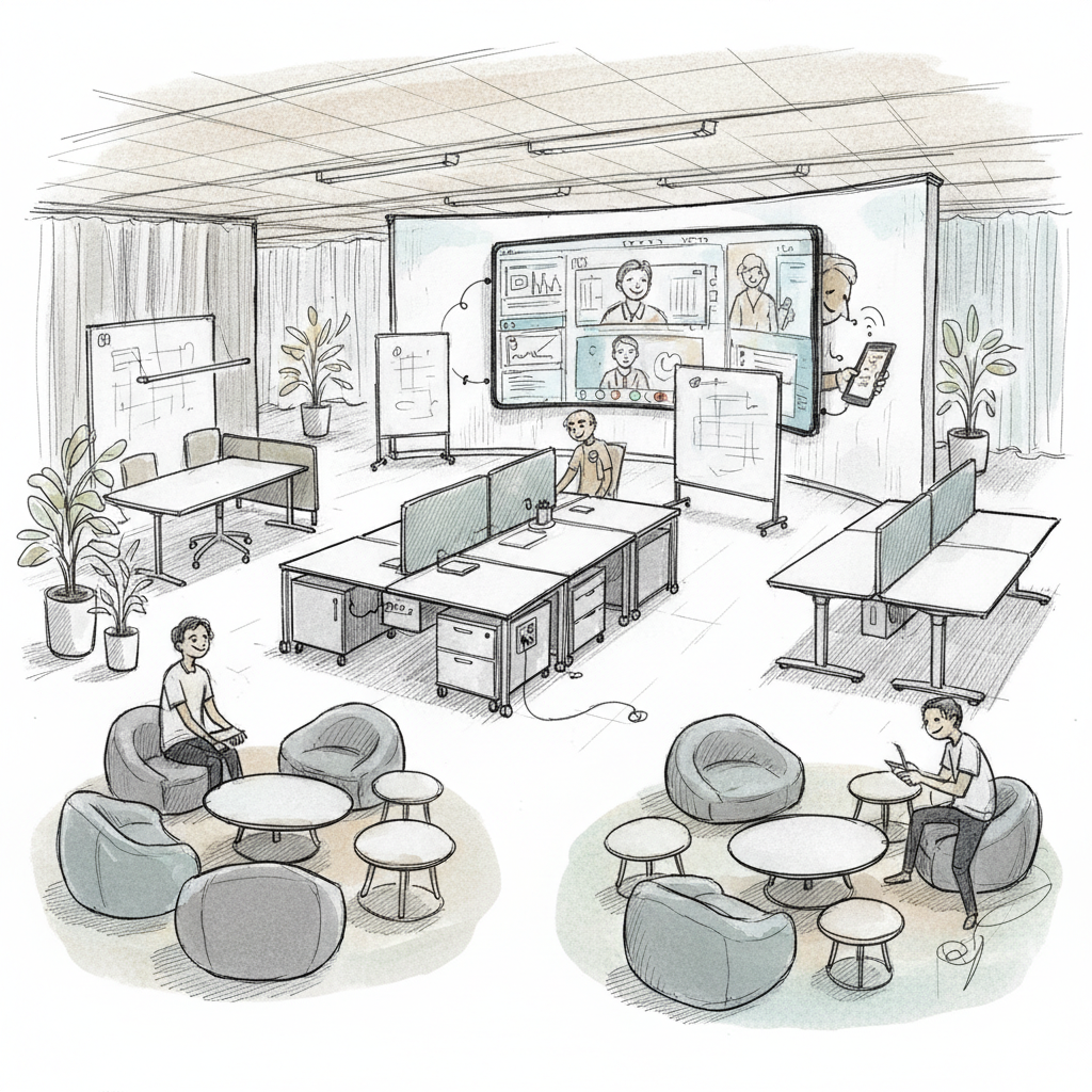 hybrid work guide flexible office design with collaborative spaces and technology