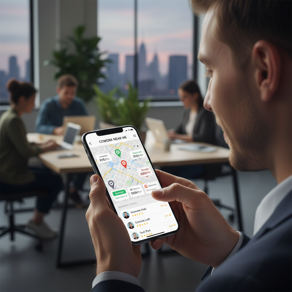 mobile booking interface for coworking space near me with pricing and availability options