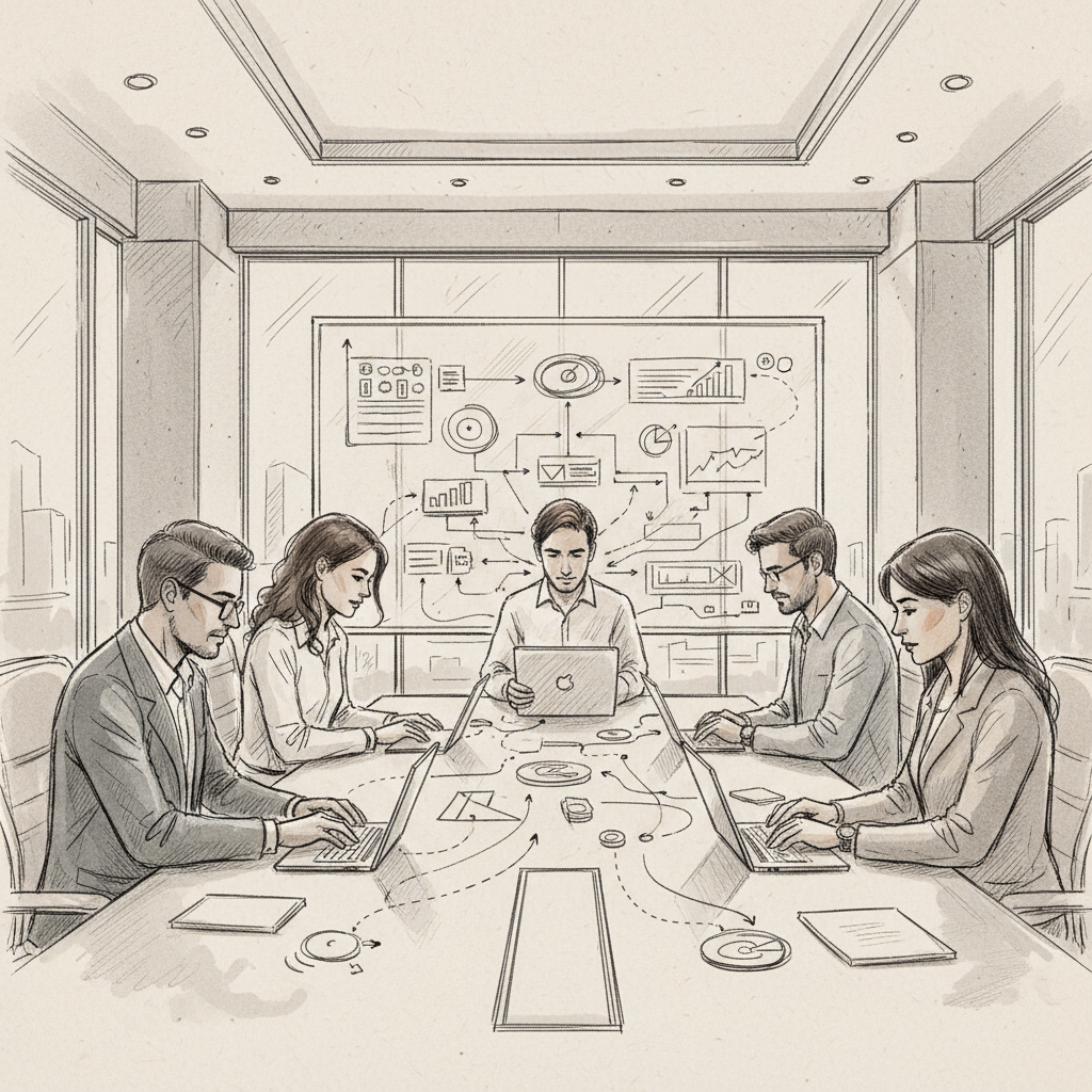 office orchestration platform implementation team analyzing performance metrics