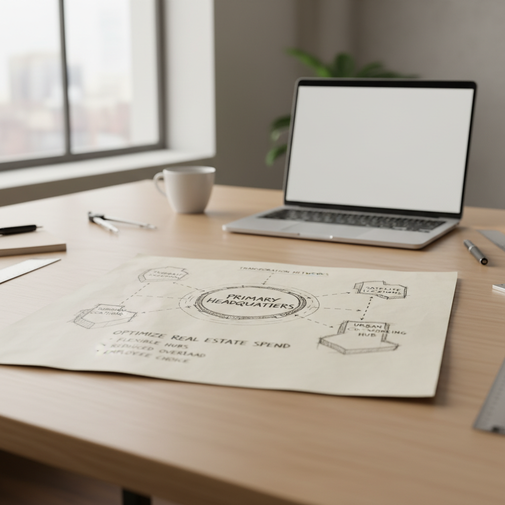 Hub and spoke office model diagram for companies looking to optimize real estate spend through strategic consolidation