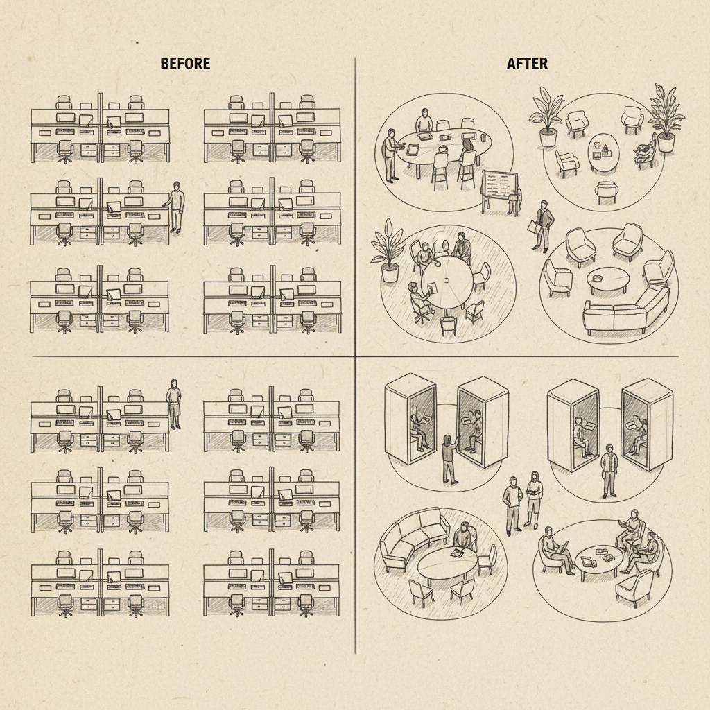 workplace optimization transformation showing improved space efficiency and employee collaboration areas