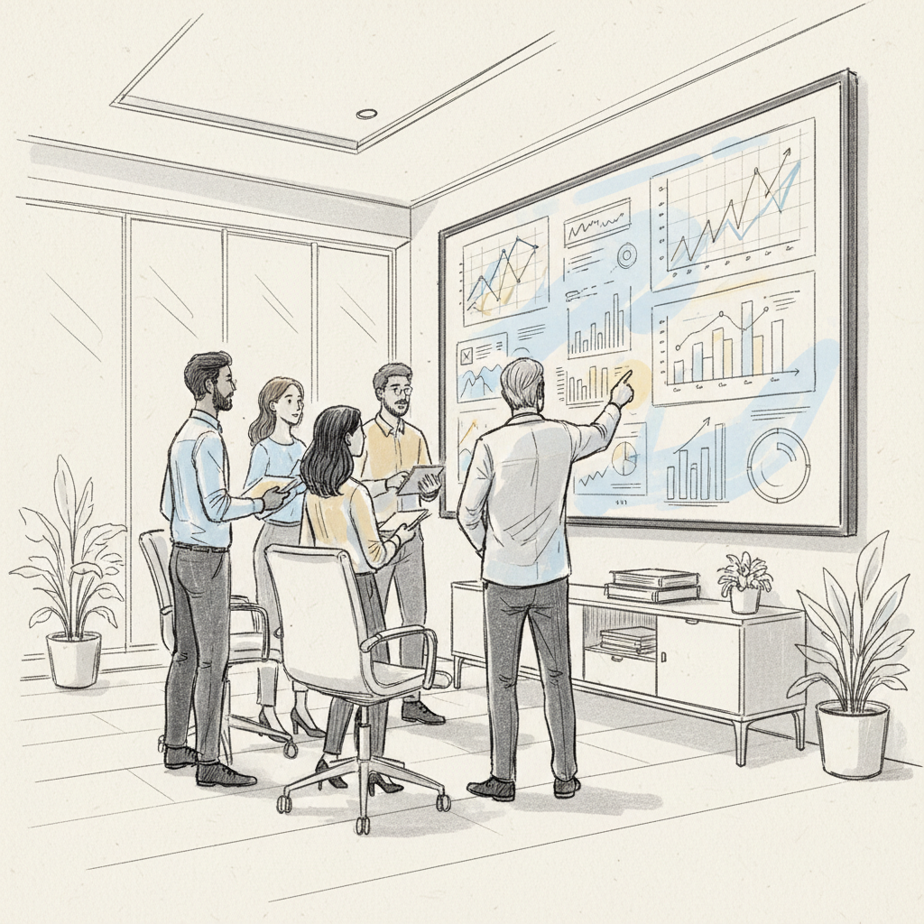 Business team analyzing AI office management performance metrics and optimization strategies