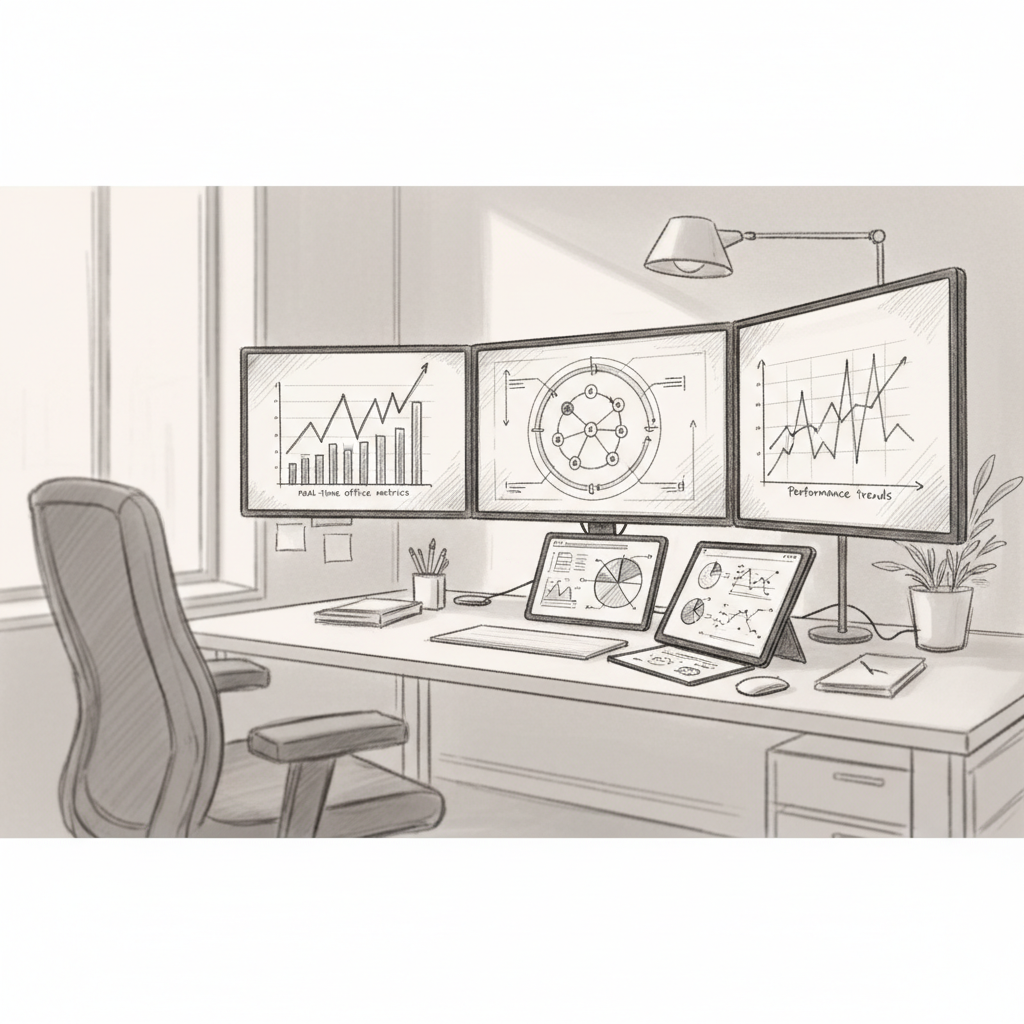AI office management dashboard displaying workplace analytics and automation controls