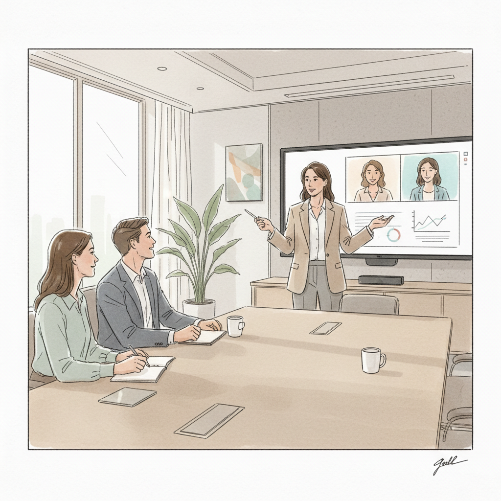 hybrid workforce management training session with manager leading mixed in-person and virtual team