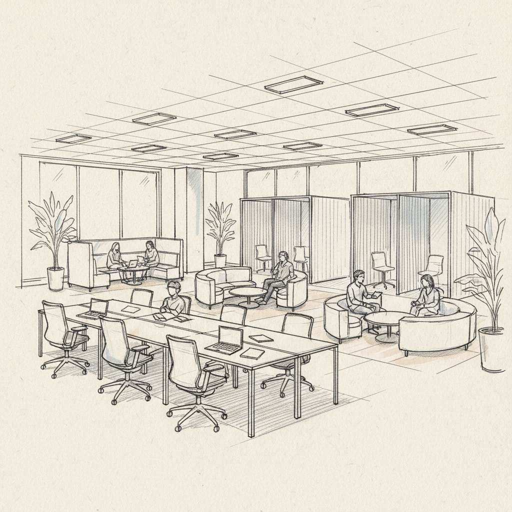 optimized workplace density showing flexible work zones and efficient space utilization