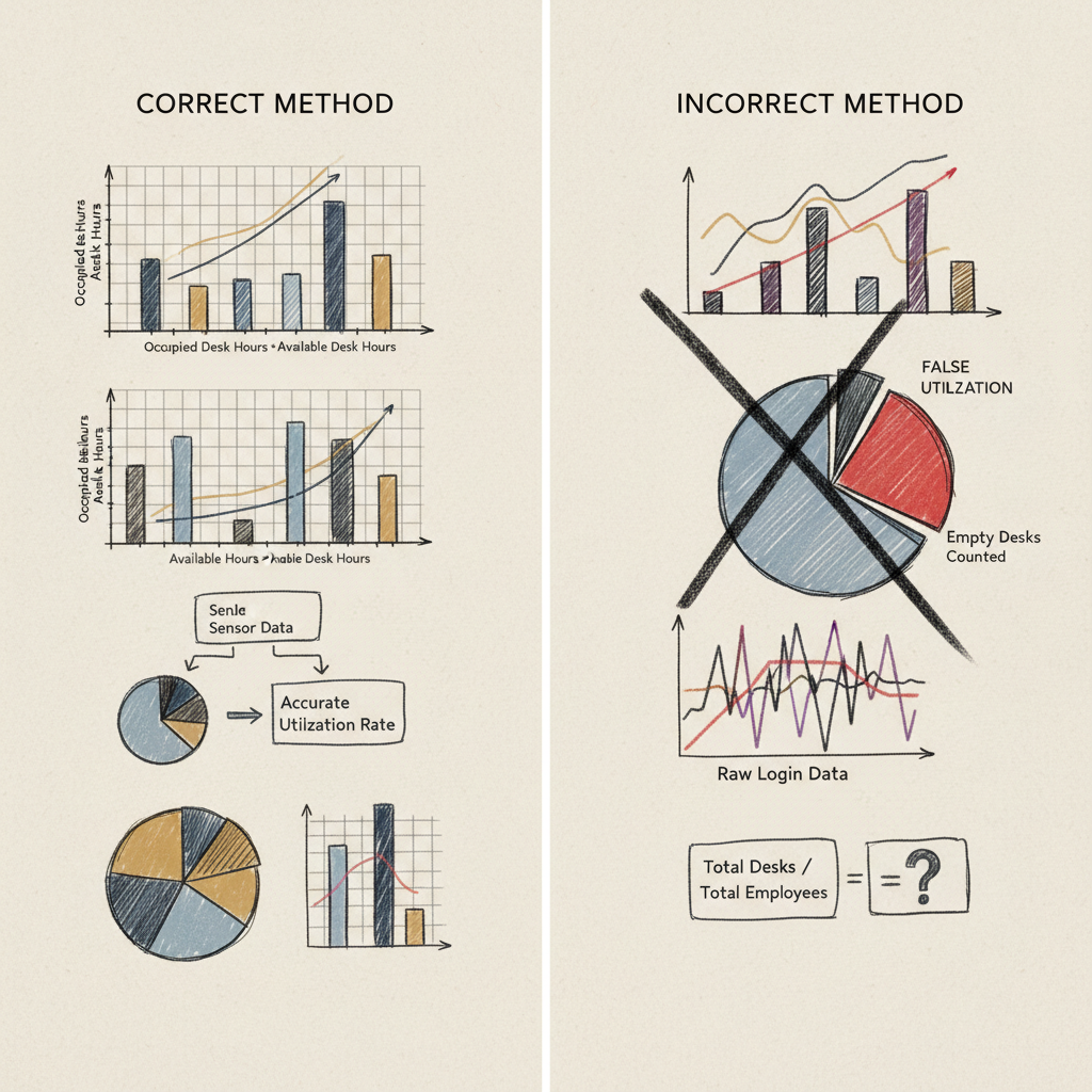 Visual comparison showing right and wrong ways to calculate office utilization metrics