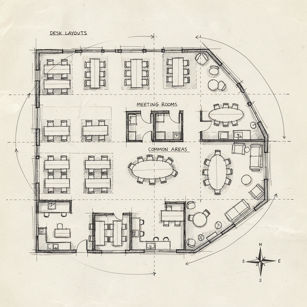 Office floor plan showing space allocation for calculating office utilization by square footage