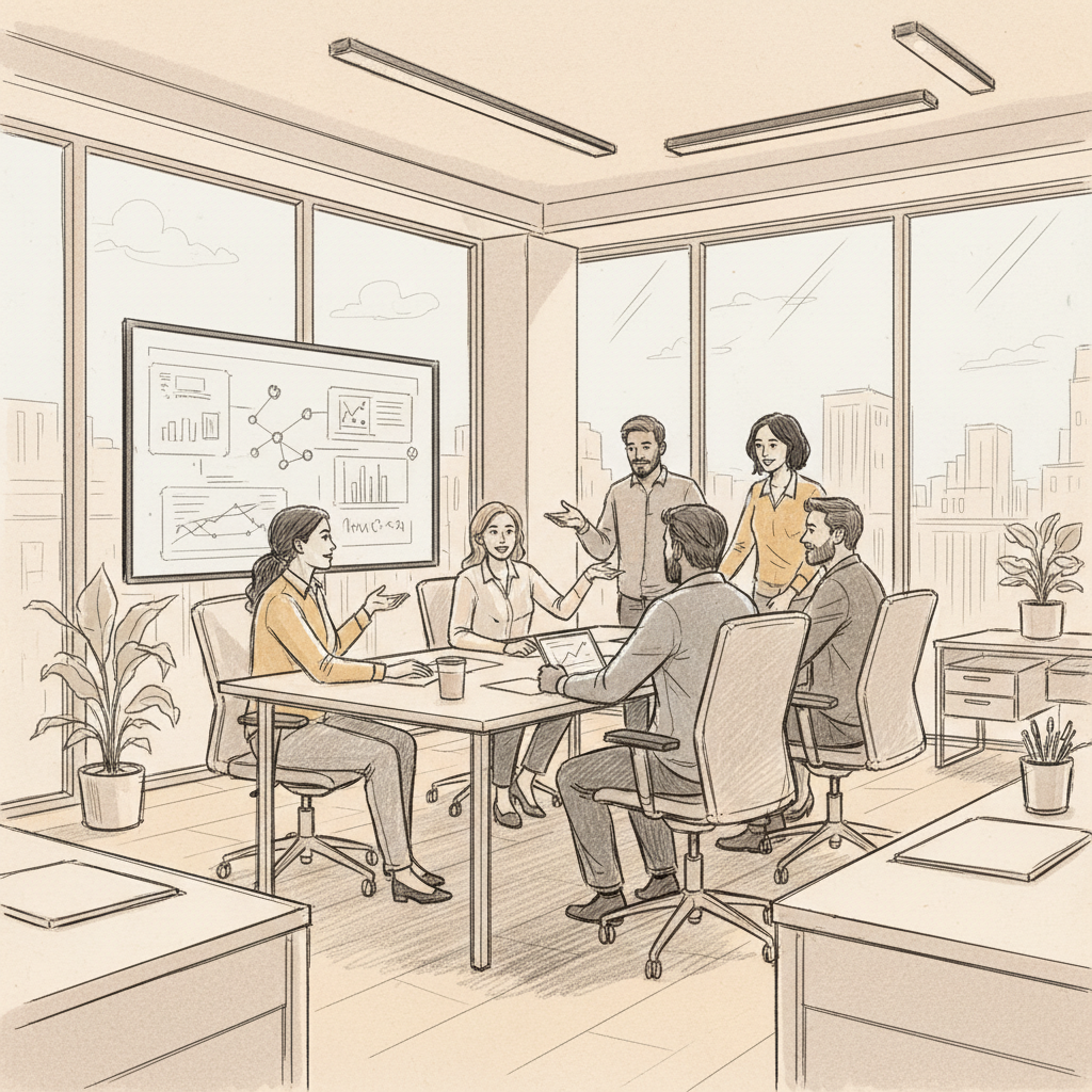 workplace team reviewing employee experience metrics and hybrid work strategy