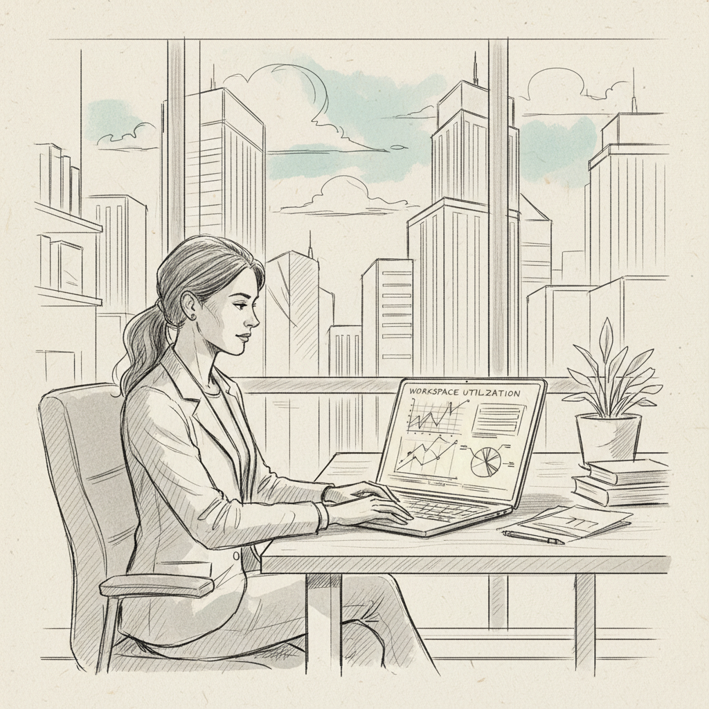 space as a service real estate optimization data analysis on laptop in modern office