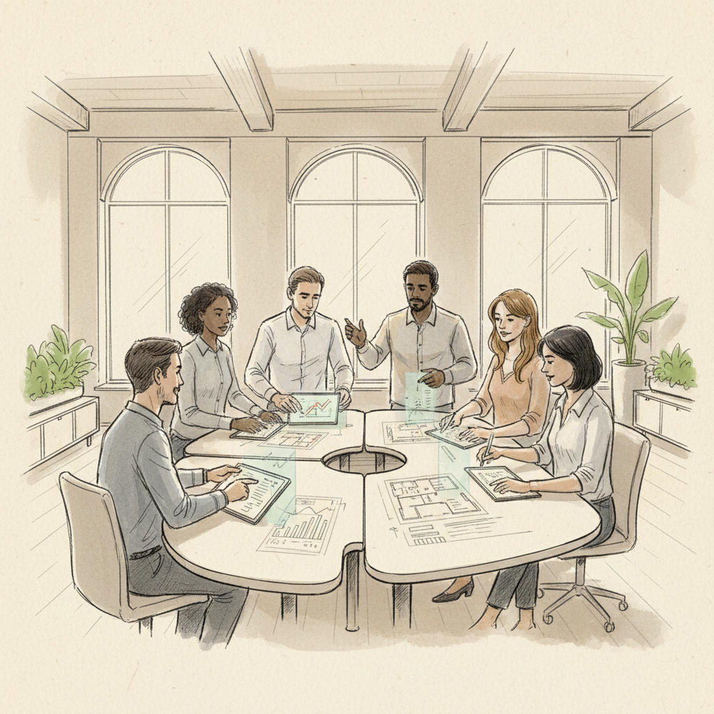 Teams collaborating in reconfigured office space after reducing office footprint