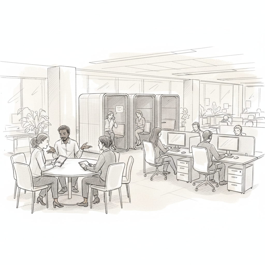 Employees using activity based working zones in a hybrid office setting
