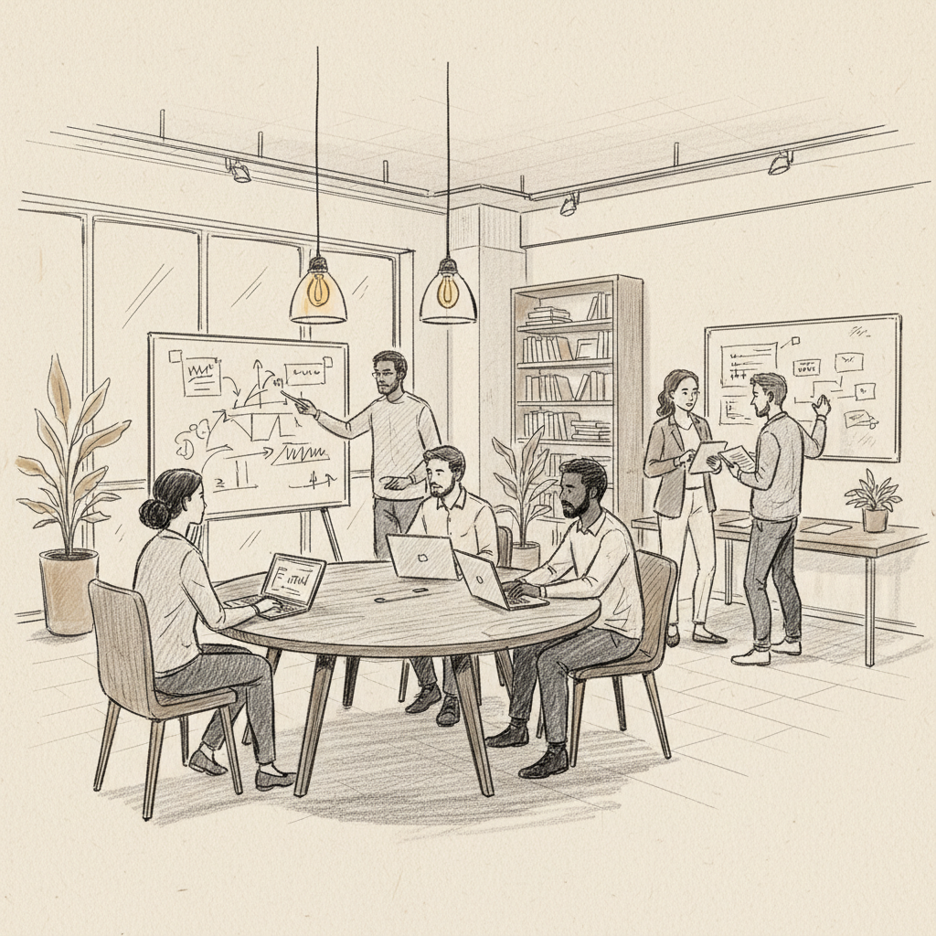 best practices for corporate space management showing hybrid team collaboration in flexible workspace