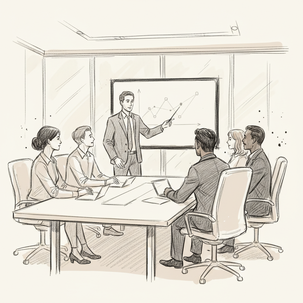 corporate real estate leader presenting space utilization tracking results to executive team
