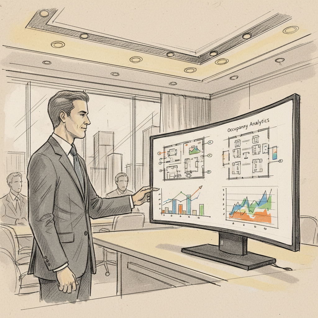 workplace leader analyzing occupancy sensing technology data for real estate portfolio decisions