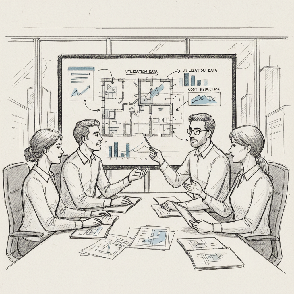 Corporate real estate team analyzing data to reduce real estate costs through portfolio consolidation