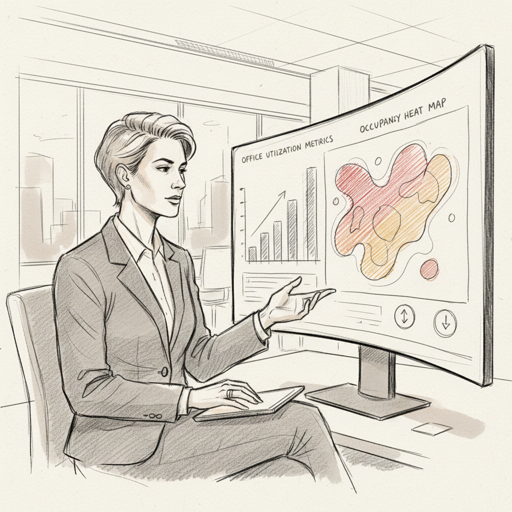 Corporate real estate leader analyzing space performance management data on a workplace analytics dashboard