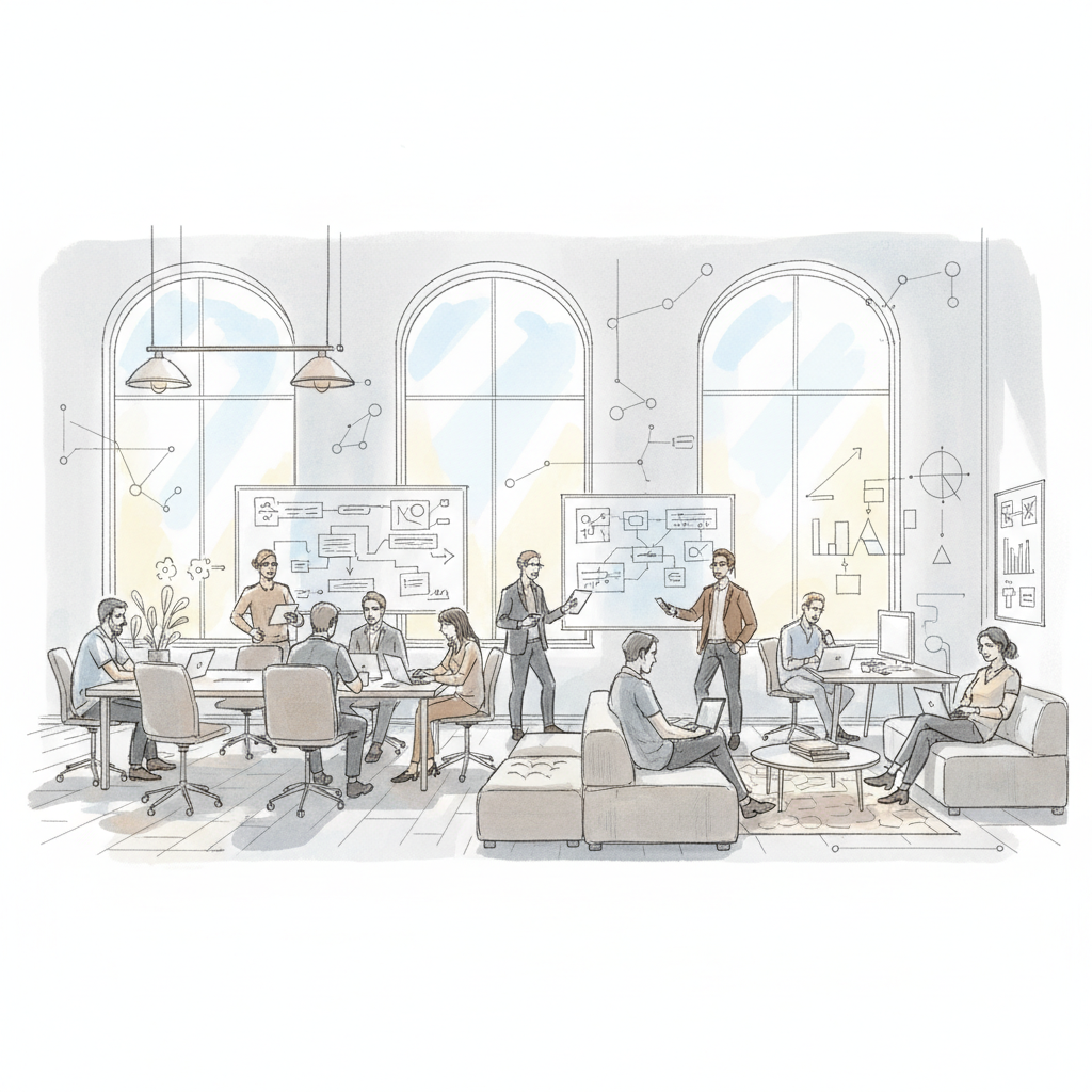 Team collaboration in a flexible workspace demonstrating space performance management outcomes