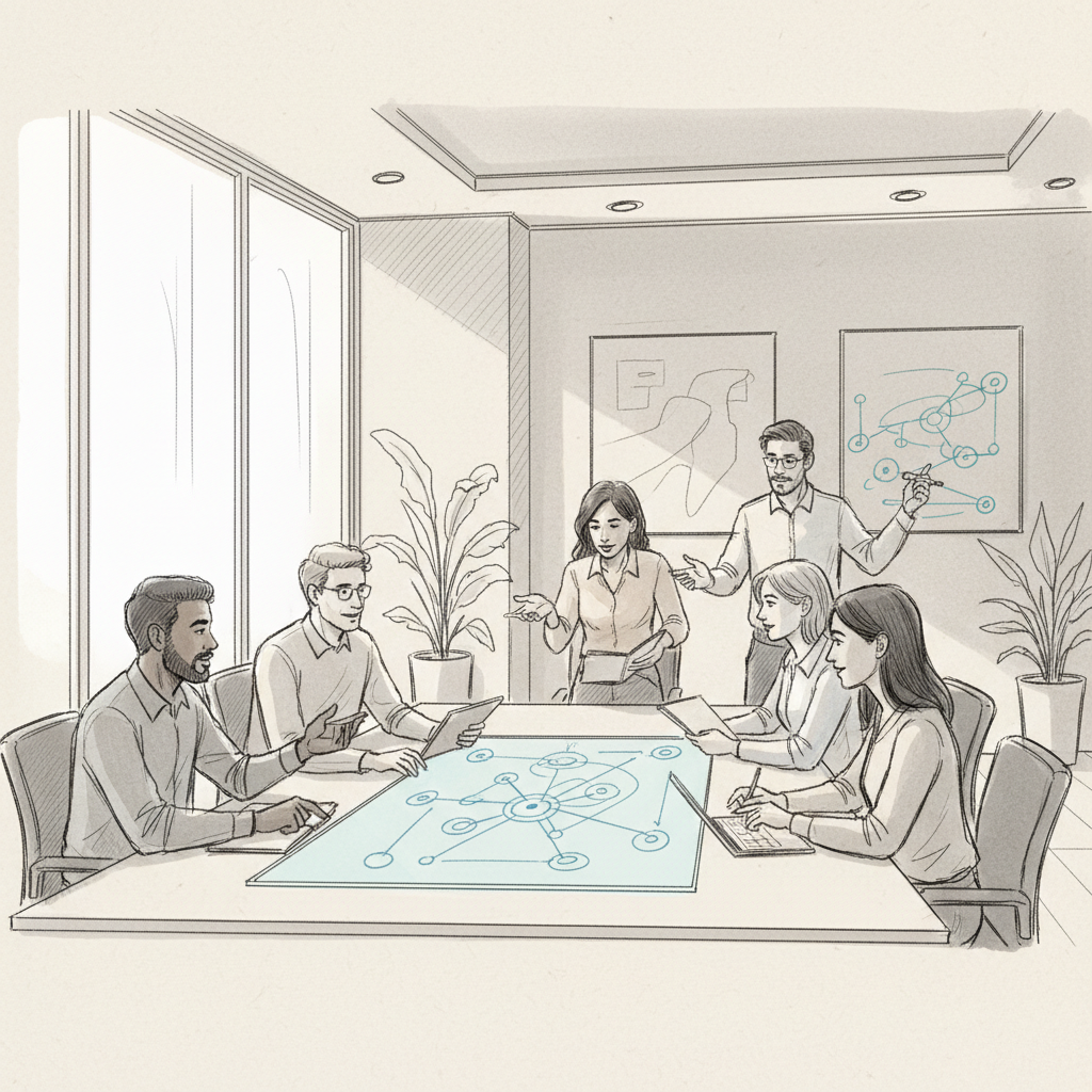 Hybrid work team meeting in a modern office space managed by a workplace visibility platform