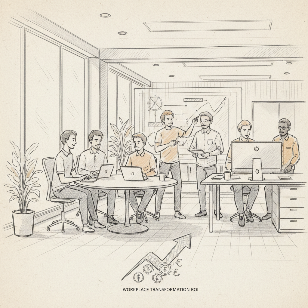 team achieving strong workplace transformation ROI through hybrid work coordination and flexible workspace