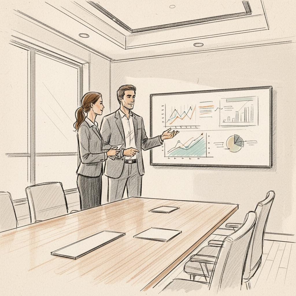 Corporate real estate leaders reviewing workplace automation data and office utilization analytics