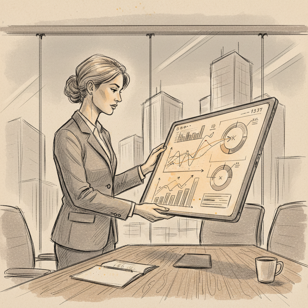 Corporate leader analyzing workplace energy efficiency data on a digital dashboard