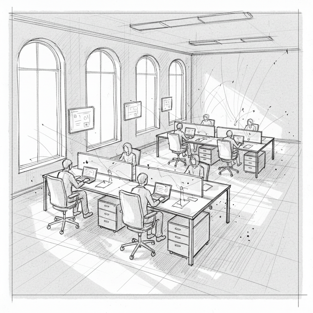 Hybrid office floor illustrating space utilization for workplace energy efficiency