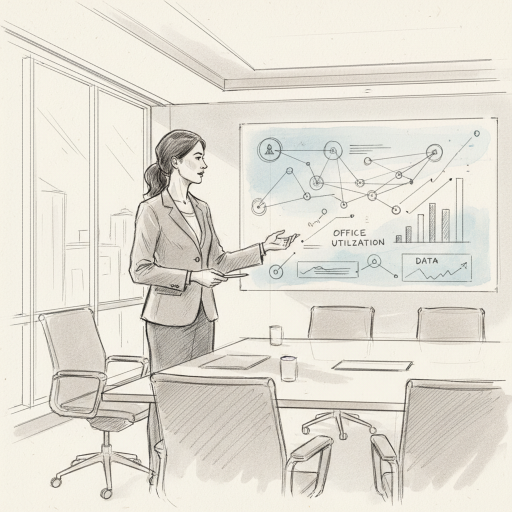 corporate leader analyzing workplace collaboration technology data and office utilization metrics