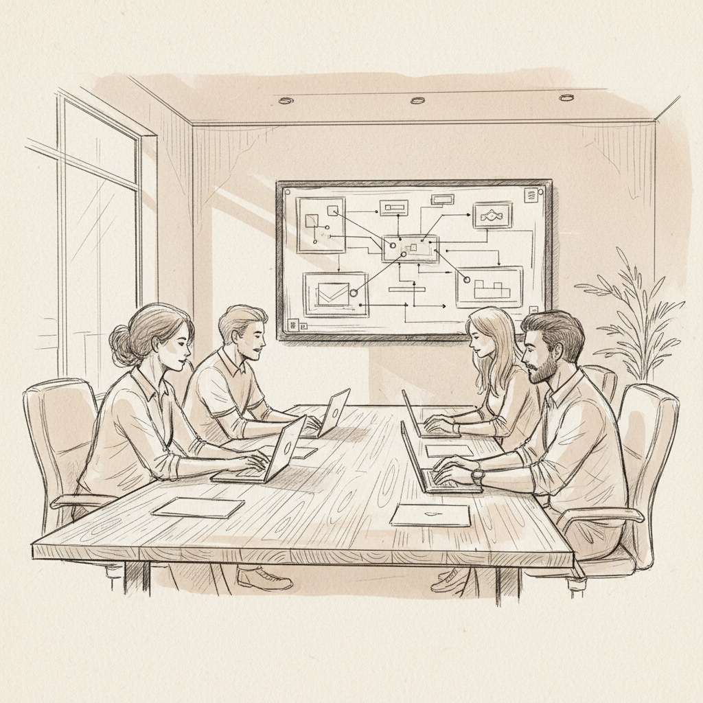 hybrid team using workplace collaboration technology for in-person and remote coordination