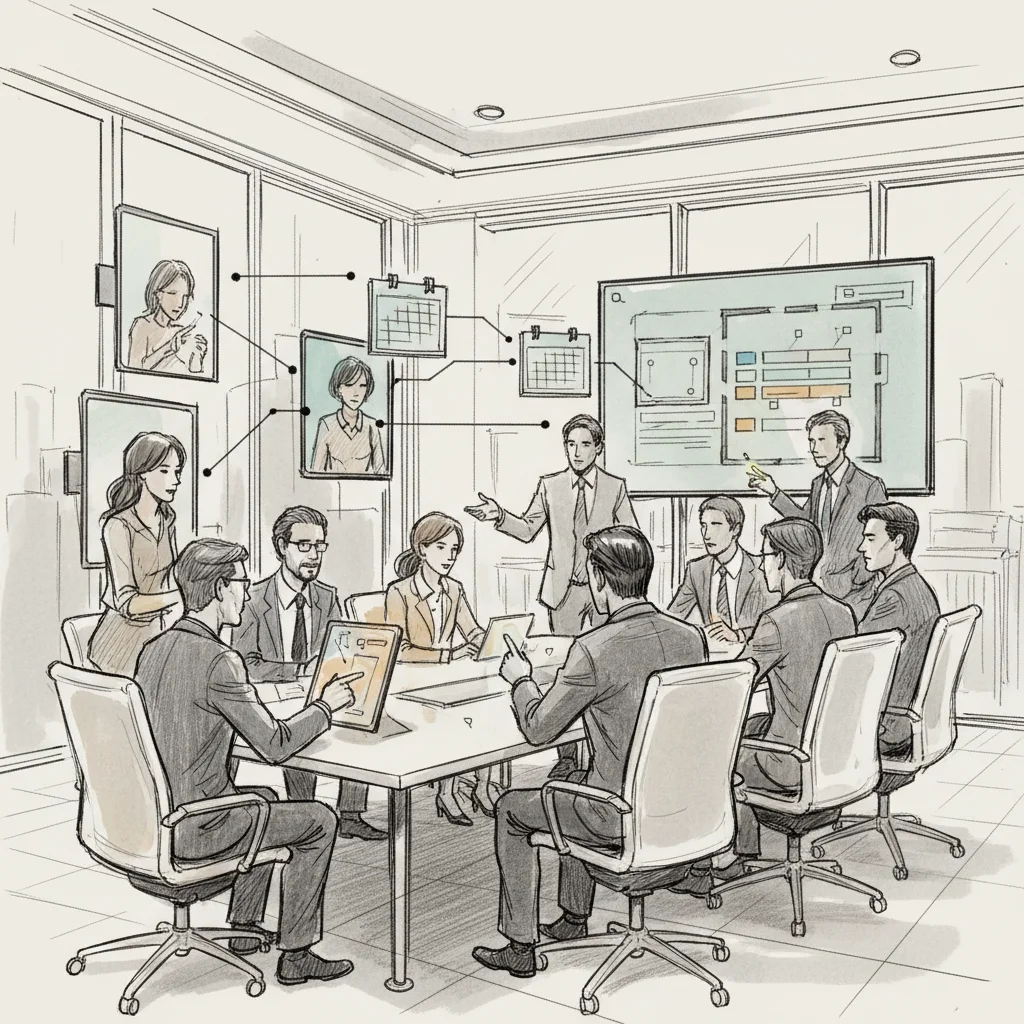 hybrid team using meeting room booking systems for collaborative session