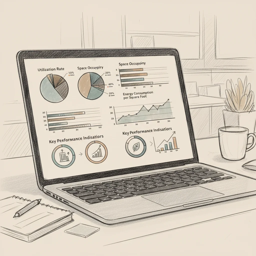 Workplace analytics dashboard showing facility management KPIs including space utilization and cost metrics