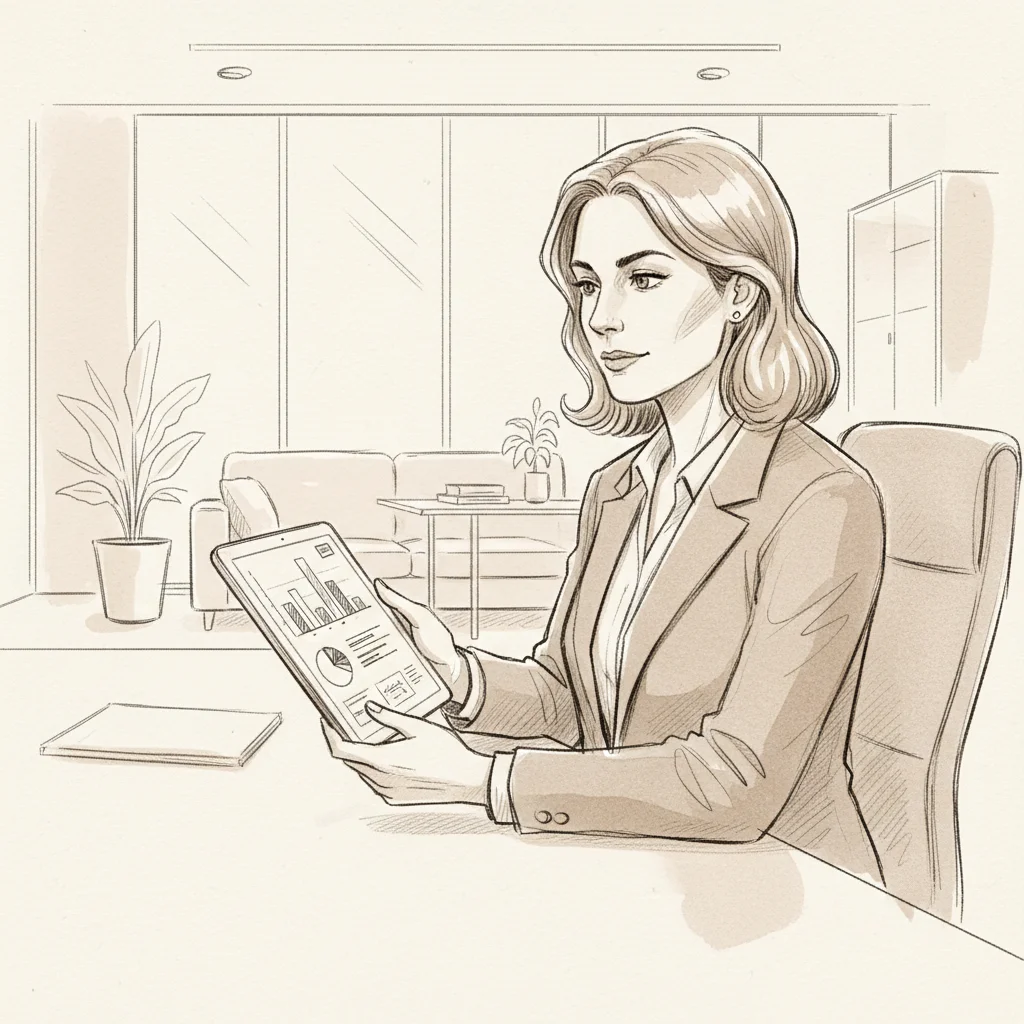 Corporate real estate leader reviewing facility management KPIs and workplace performance data on a tablet