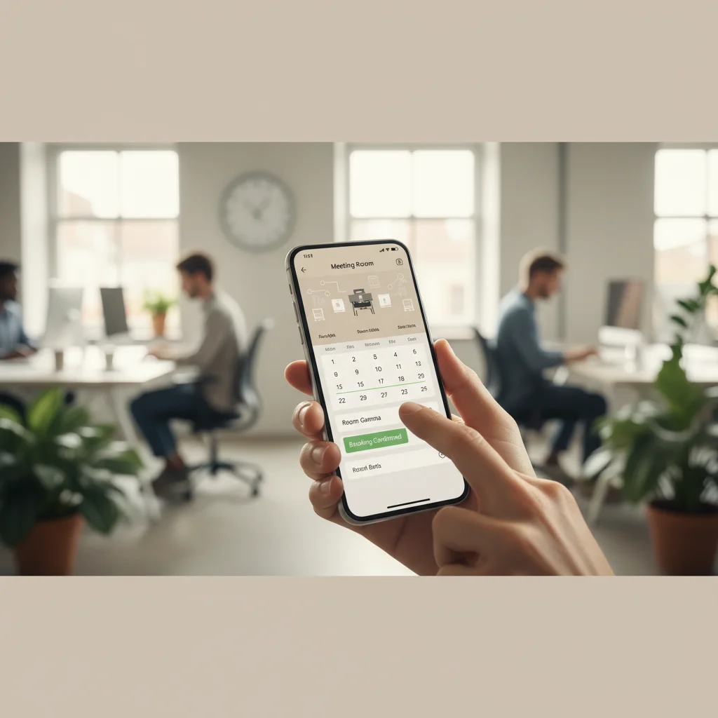 employee using mobile app meeting room booking system in hybrid office