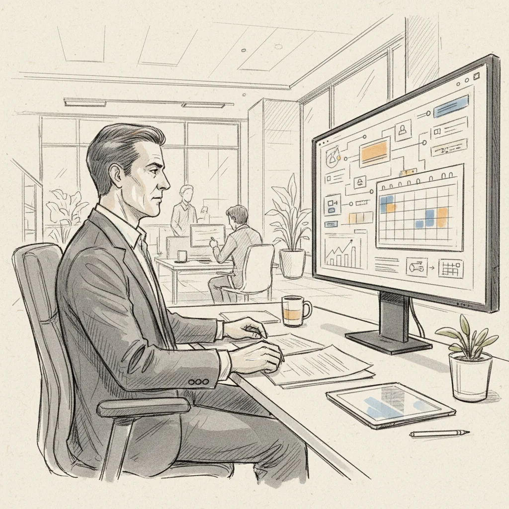 workplace leader analyzing meeting room booking system utilization data dashboard