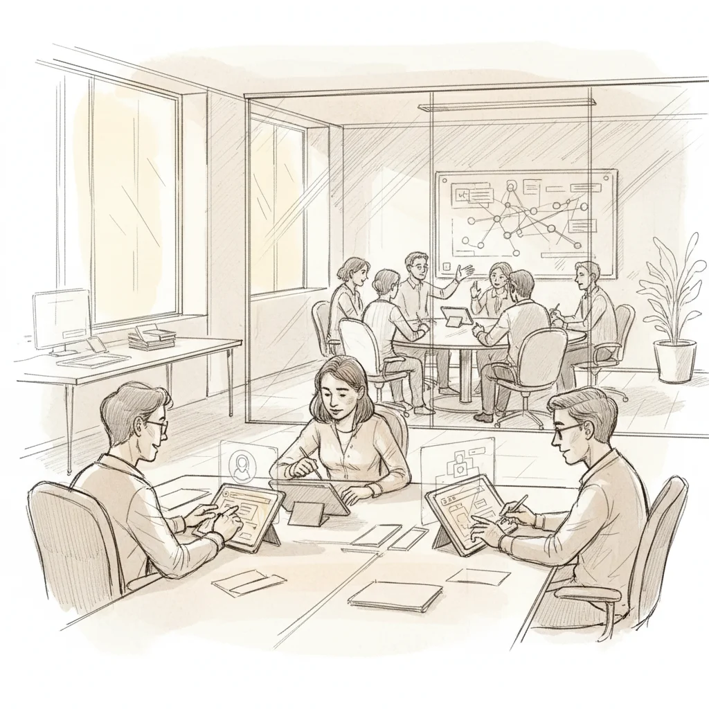 team using workplace technology solutions for hybrid work coordination