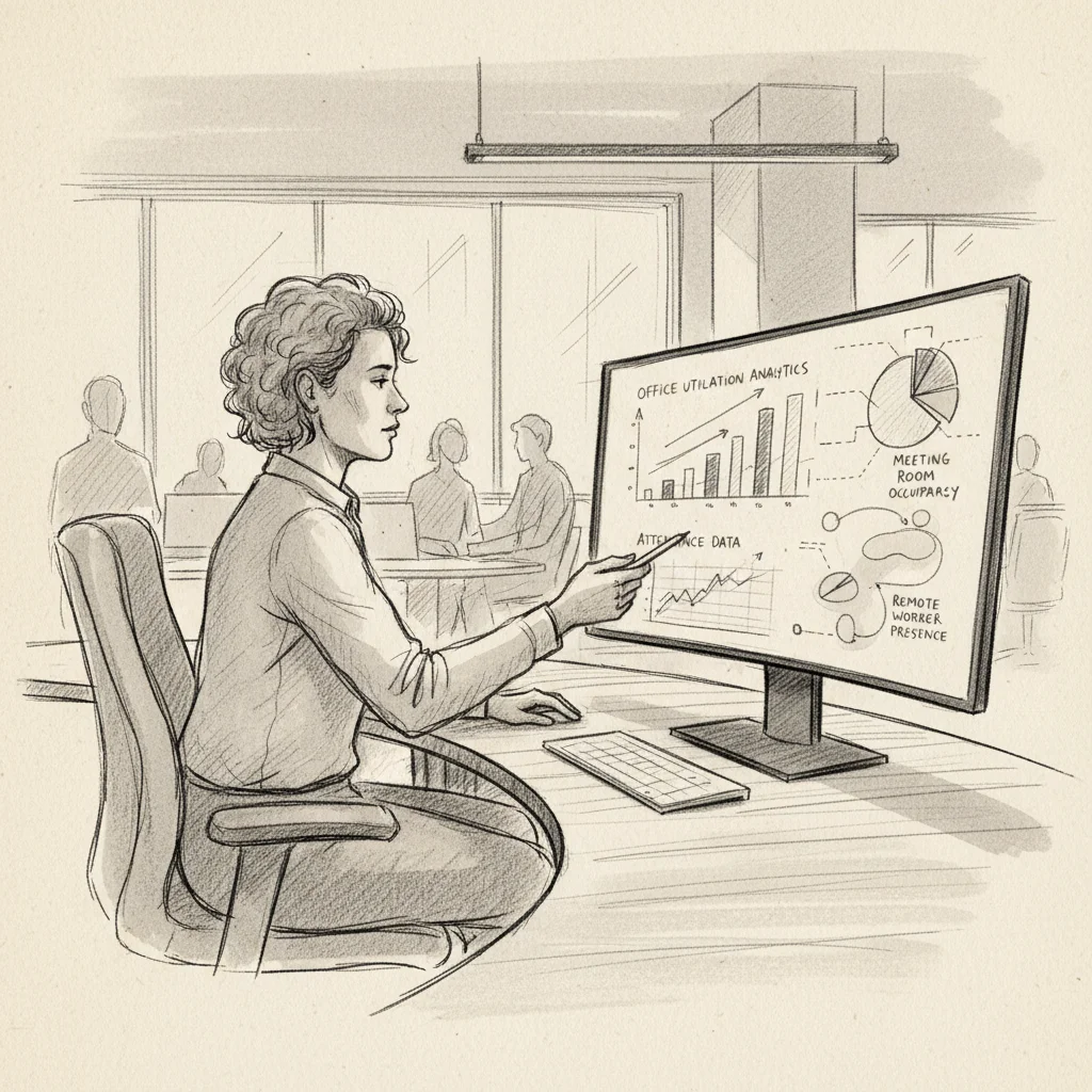 workplace leader reviewing hybrid work best practices analytics dashboard