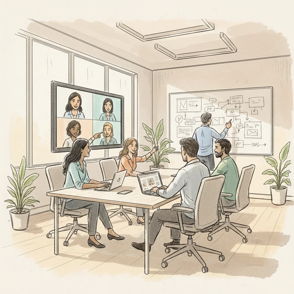 hybrid workplace guide team collaboration session with remote and in-person employees
